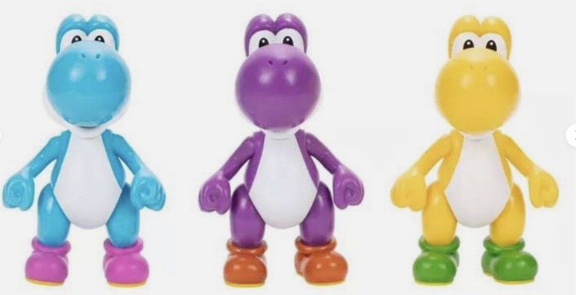Nintendo Super Mario Yellow, Purple & Light Blue Yoshi Action Figures, 3 Pack