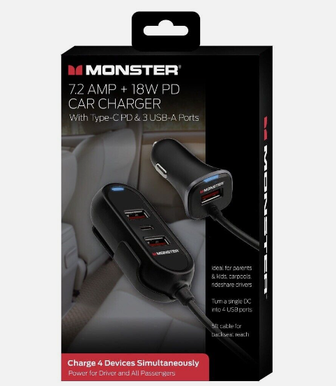 Monster 7.2 A18W PD Rideshare Charger USB-C Type C USB-A Type A